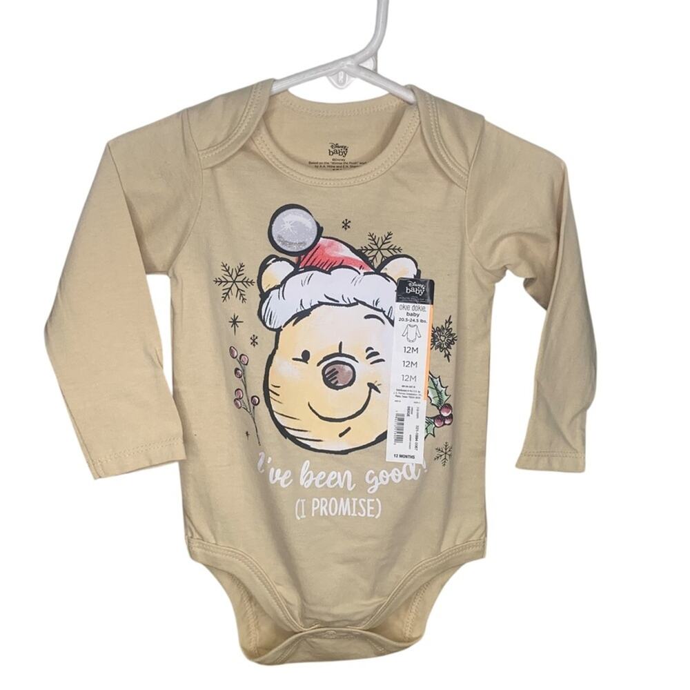 Disney Baby Onesie Winnie The Pooh NWT Beige Christmas Pooh Print Size 12M